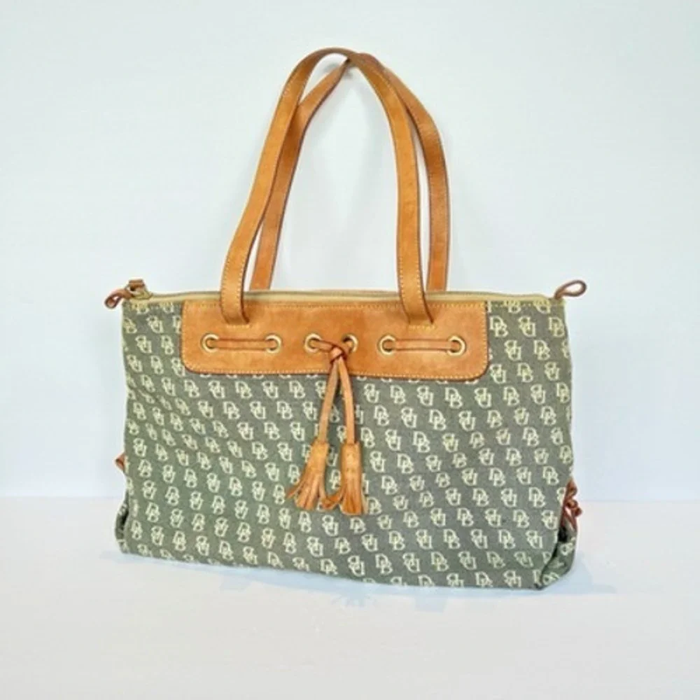 Dooney & Bourke Monogram Canvas Tote Bag Blue Tan Leather Trim Vintage Y2K Boho - Picture 1 of 8